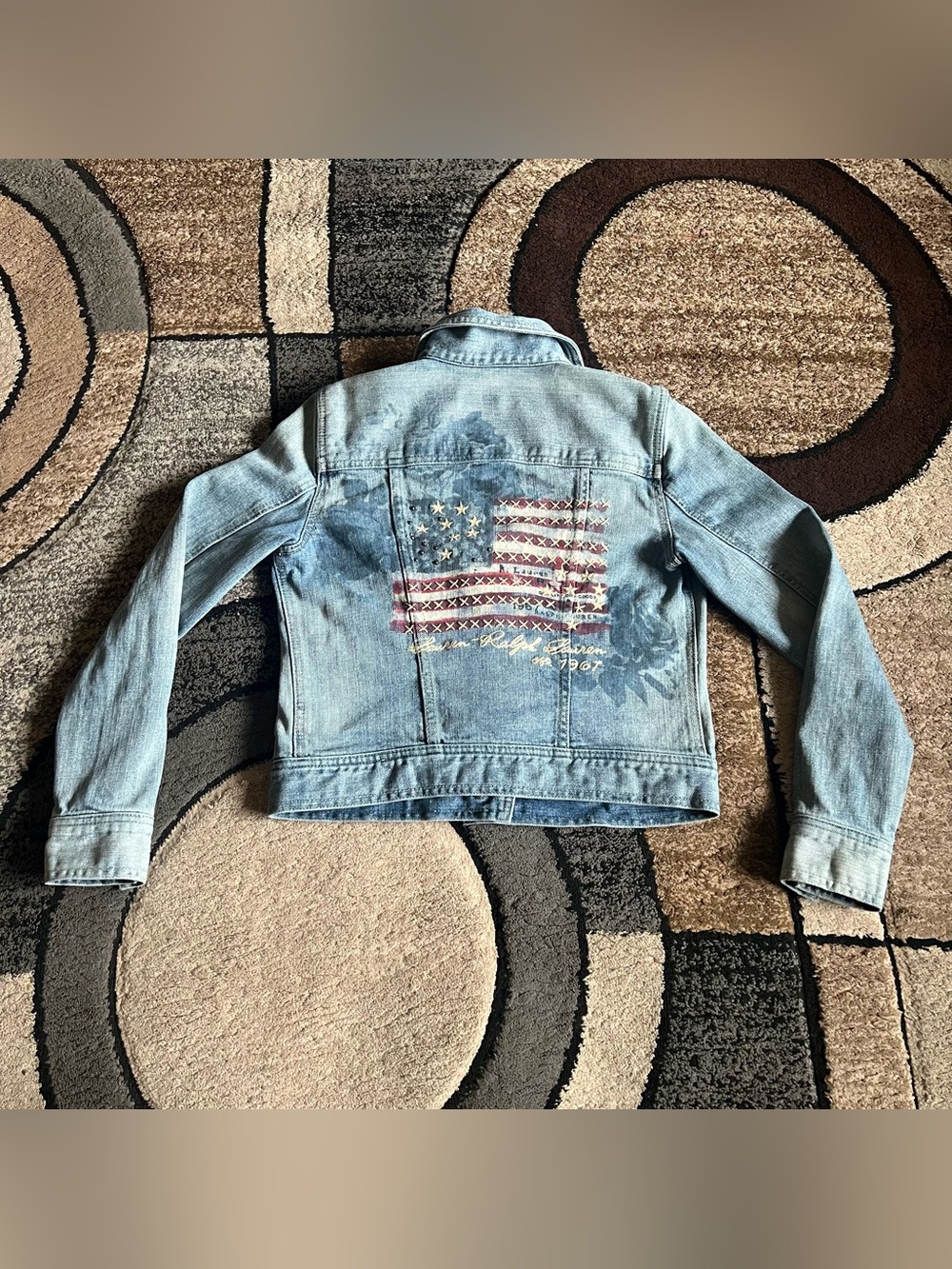 Womenβs Lauren Ralph Lauren Distressed Denim American Flag Jacket Size XS